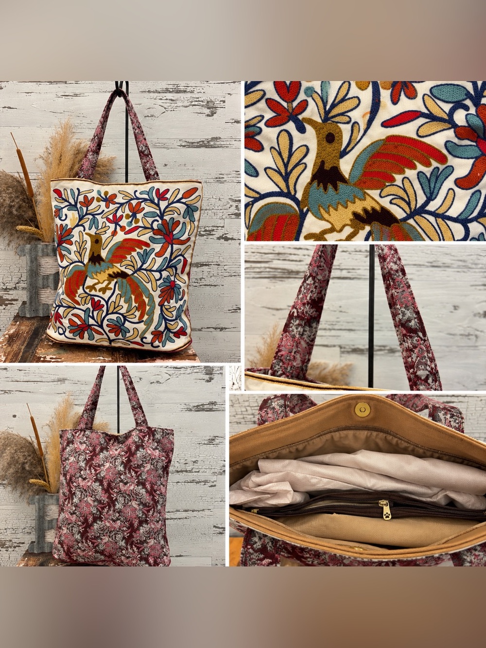 Embroidered Multicolor Floral Bird Tote Bag